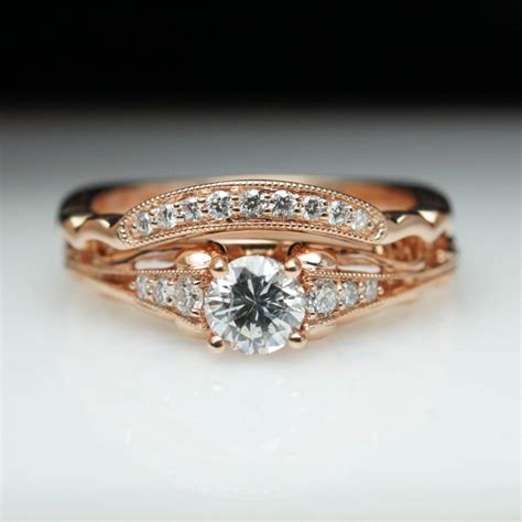 Vintage Antique Style Diamond Engagement Ring And Matching Wedding Band