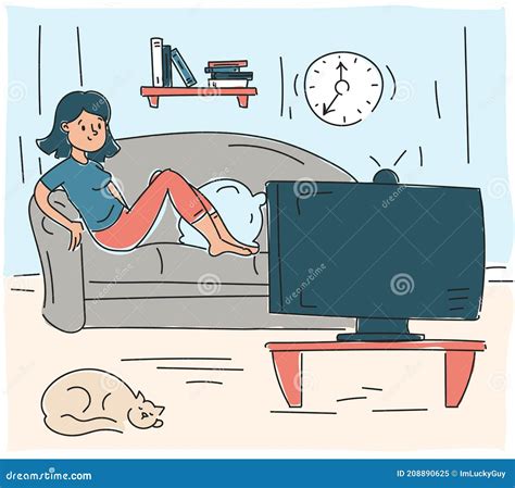 Mujer Viendo Un Programa De Televisi N En Casa Persona Sentada Ilustraci N Del Vector