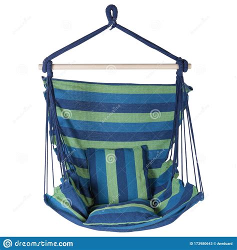 Fabric Hammock Chair With Blue And Green Stripes On A White Background