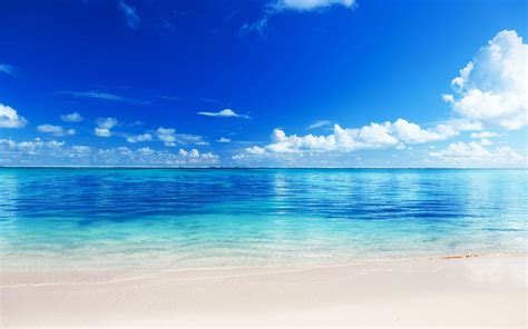 Beach Sand Ocean Horizon Sky Clouds Blue Hd Wallpaper