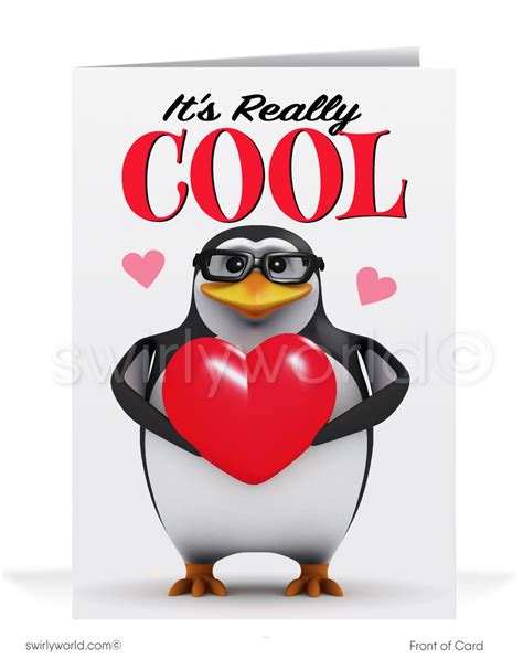 Funny Cartoon Penguin Business Valentines Day Cards Swirly World Design