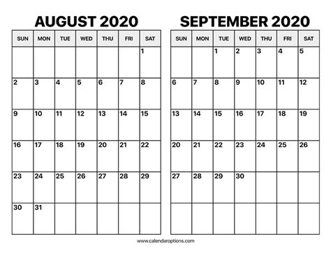 August And September 2020 Calendar Calendar Options