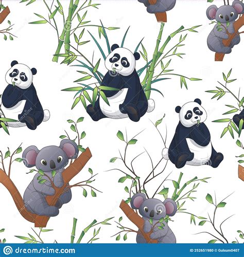 Vector Seamless Pattern With Koalas And Pandas With Leaves Branches