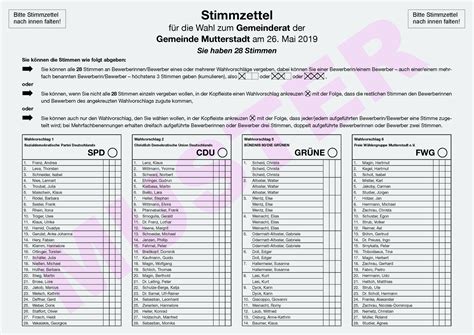 Ein vorgedrucktes blatt papier, das eine liste der zu einer wahl zugelassenen kandidaten und/oder parteien zeigt. Kommunalwahlen 2019: Information zum Stimmzettelmuster für ...