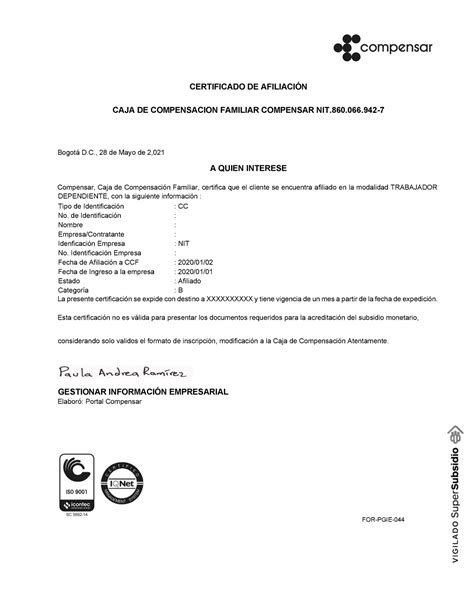 Certificado Compensar Edit Mayo Certificado De AfiliaciÓn Caja De