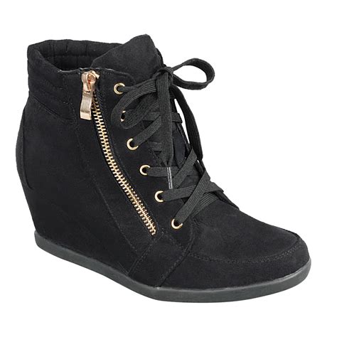 Snj Women High Top Wedge Heel Sneakers Platform Lace Up Shoes Ankle