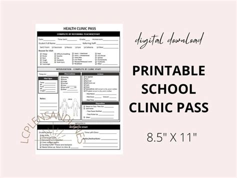 School Nurse Clinic Pass I Health Clinic Pass I Printable I Instant