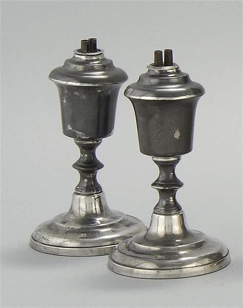 Lot PAIR OF ANTIQUE PEWTER WHALE OIL LAMPS Marked On Base R Gleason