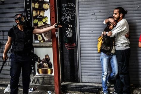 Istanbul Turkey 31 May A Man Protects A Woman As They Face A Police