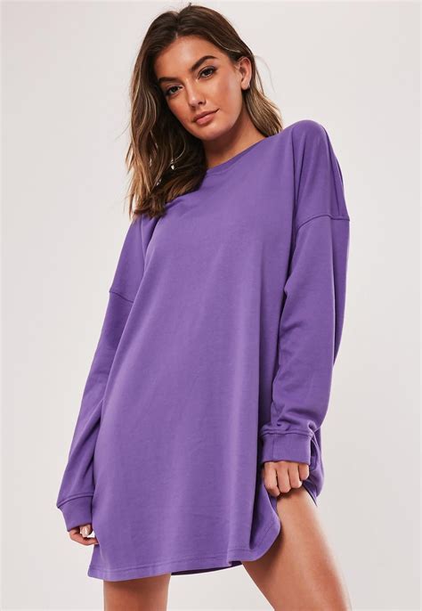 Purple Oversized Basic Loopback Sweater Dress Oversized Purple