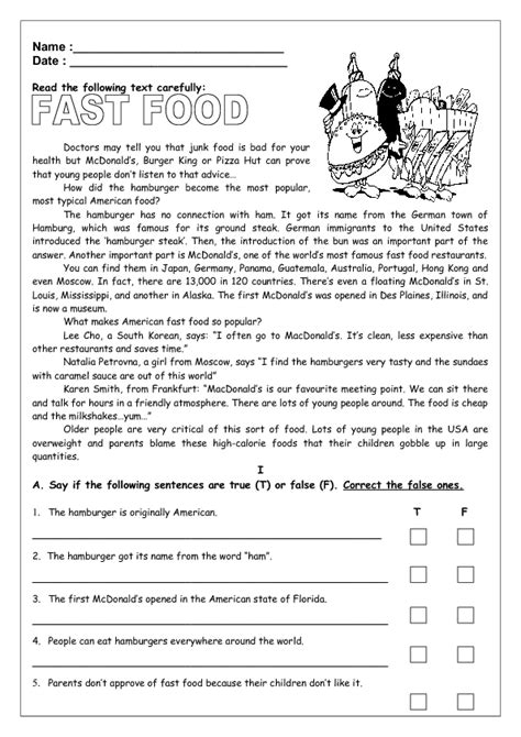 fast food reading worksheet ii
