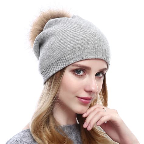 High Quality Cashmere Hat With Fur Pom Pom Women Knitted Cashmere Hat