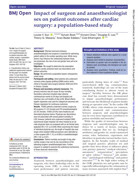 Pdf Impact Of Surgeon And Anaesthesiologist Sex On Patient Outcomes After Cardiac Surgery A