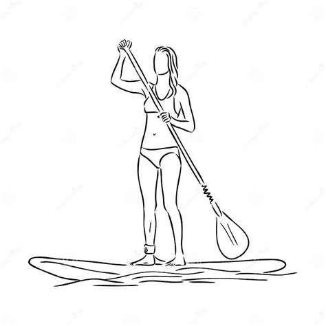 Stand Up Paddle Surfing Boarding Single Female Surfer With Paddle Surfrider Girl On Board