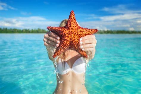 Girl On Seashore And Starfish Stock Photo Image Of People Seashore