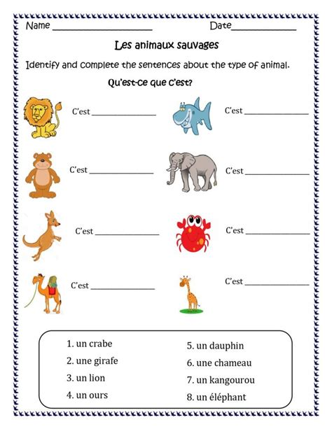 French Animals Les Animaux Distance Learning Worksheets
