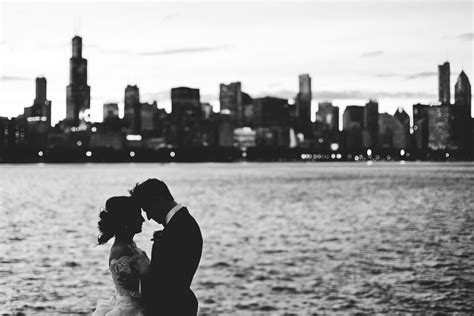 Bride And Groom In Front Of Chicago Skyline For Their Wedding At The
