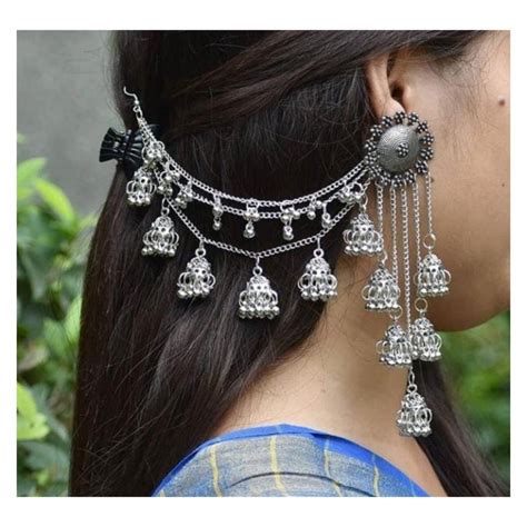 Oxidised Jhumka With Hair Chain Kanauti Black Metal Jewelry Silver Jewelry Accessories Hair