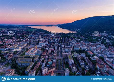 Aerial View Of A City At The Hills At Soft Sunset Stock Photo Image