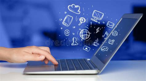 Hand Writing On Notebook Computer With Media Icons Stock Image Image