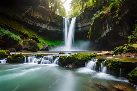 Premium Photo A Waterfall In A Forest With Green Moss And Trees