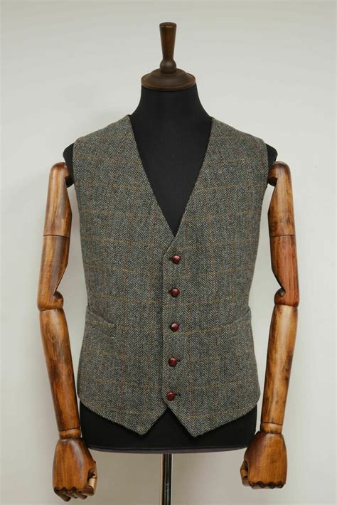 Harris Tweed Mens Waistcoat Grey Herringbone With Overcheck Plain