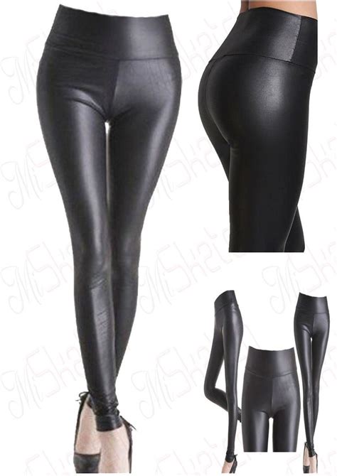 ladies high waist normal black faux leather leggings wet look shiny stretchy big ebay wet