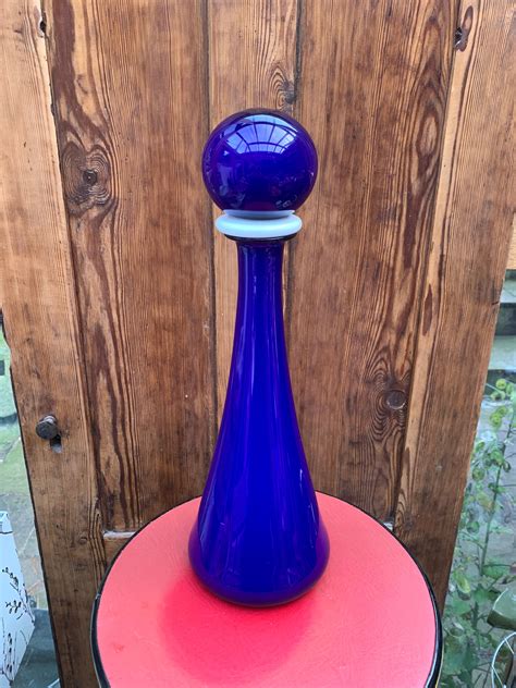 Cobalt Blue Genie Bottle Vintage White Cased Glass Decanter With Space Age Style Ball Stopper