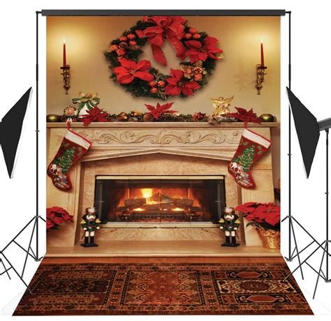 Hellodecor Polyester Fabric 5x7ft Christmas Theme Christmas Fireplace