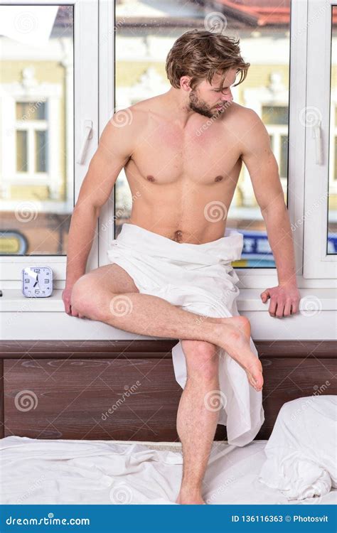 Macho Muscular Torso Guy Relaxing Near Window Bedroom Health And