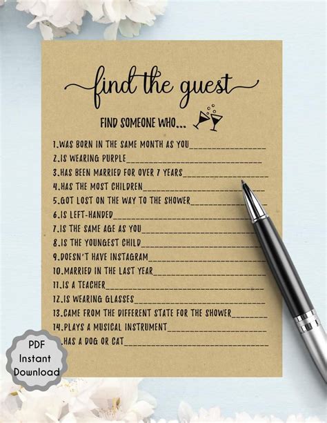 Find The Guest Bridal Shower Game Printable Pdf Bride And Etsy Bridal
