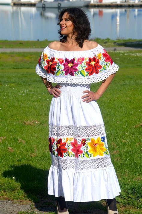 Multicolor Embroidered Off Shoulders Mexican Dress White From The Frida