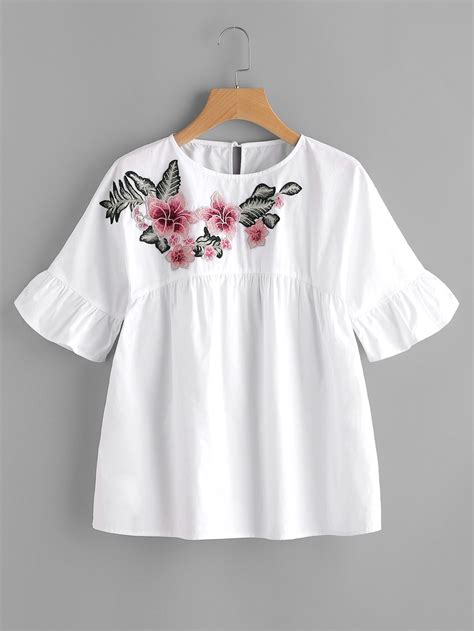 Shop Embroidered Flower Embellished Ruffle Sleeve Babydoll Top Online