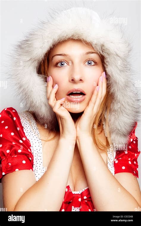 Winter Surprise Concept Cute Amazed Young Woman Stock Photo Alamy