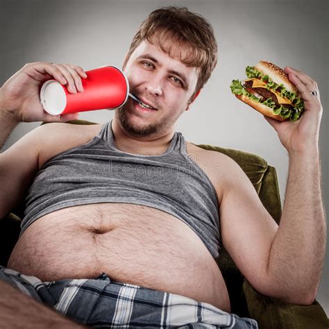Fat Man Eating Hamburger Stock Image Image Of Belly