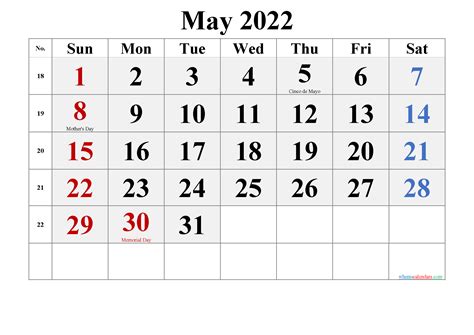 Printable May 2022 Calendar Word Template Notr22m53
