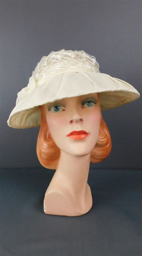 vintage sheer woven hat off white with wide brim 1960s 21 inch head dandelion vintage