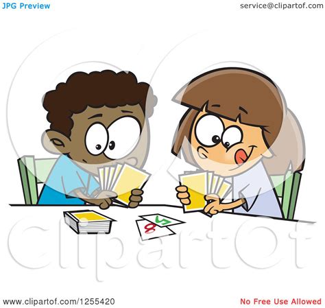 Clipart Of A Black Boy And White Girl Playing A Go Fish Card Game