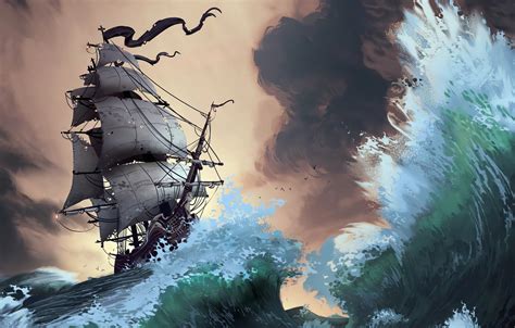 Обои Waves Fantasy Storm Pirate Ship Artist Ship Digital Art