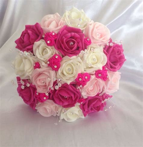 Bridesmaid Wedding Artificial Bouquet Hot Pink Ivory Foam