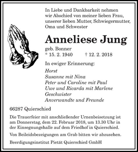 Traueranzeigen Von Anneliese Jung Saarbruecker Zeitung Trauer De