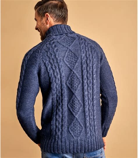 Denim Marl Mens Pure Wool Aran Turtle Neck Sweater Woolovers Us