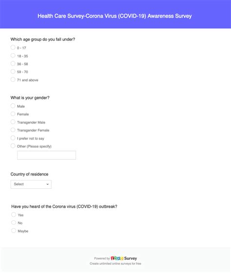 Corona Virus Covid 19 Awareness Survey Questionnaire And Template