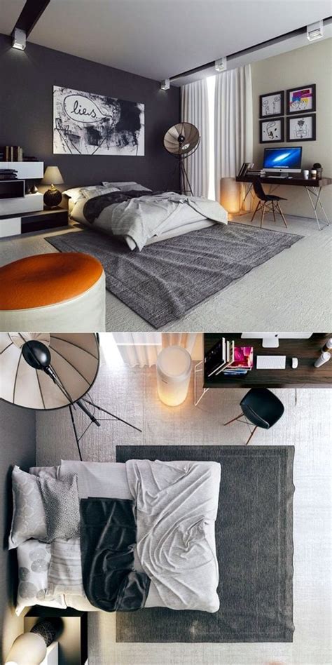 Three Different Pictures Of A Bedroom With White And Gray Decor