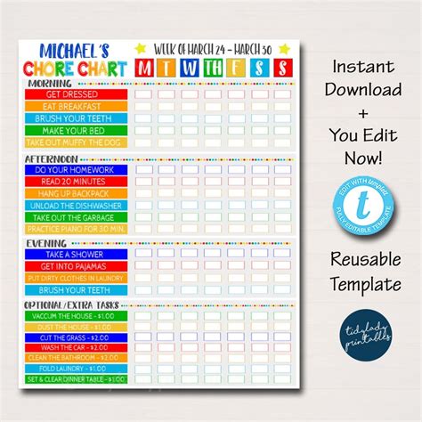 Kids Chore Chart Checklist Daily Weekly Routine Schedule Etsy France