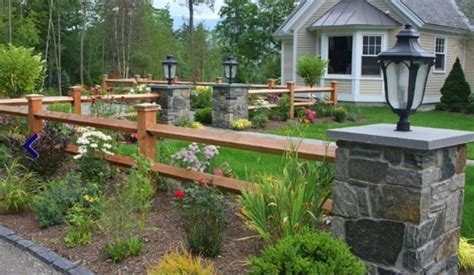 Fence rails can be installed between or across posts, using hangers, nails or screws to fasten them. Stone pillars and split-rail fencing enhance the rustic ...