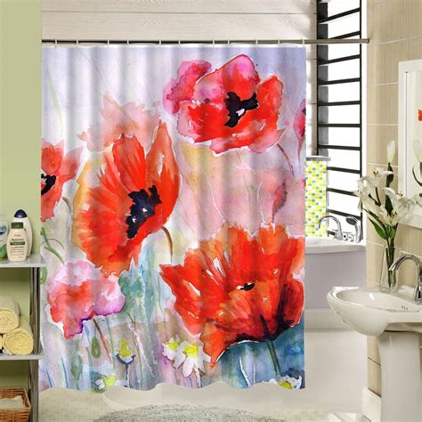 Watercolor Red Floral Shower Curtain Polyester Long Purple Flowers