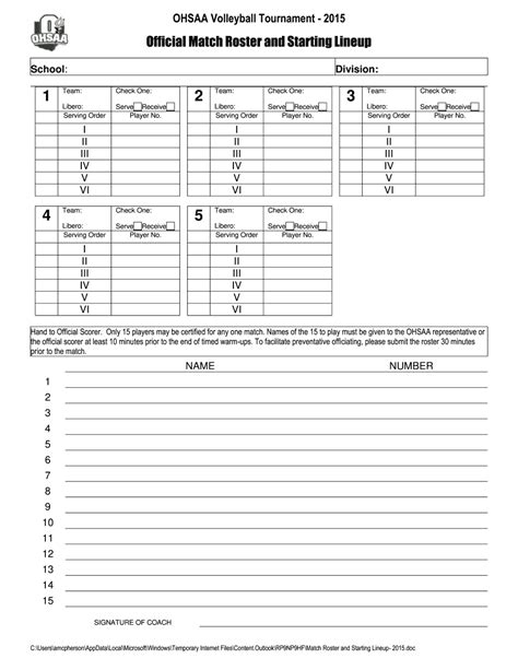Middle School Volleyball Lineup Sheet Printable Blank Pdf Online