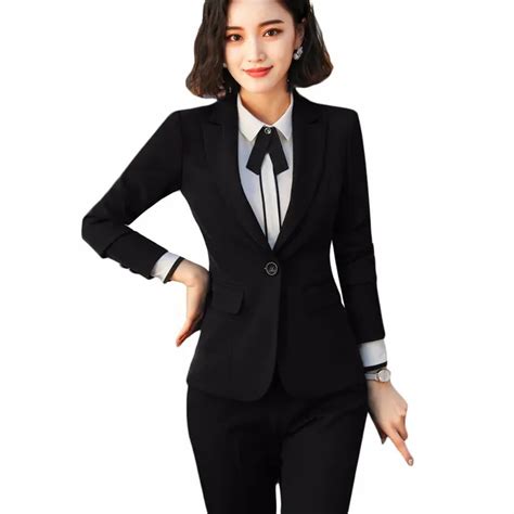 2 piece sets black pant suits 2018 formal office lady uniform designs women elegant work wear