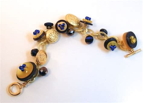 Items Similar To Navy And Gold Button Bracelet Glass Beaded Button